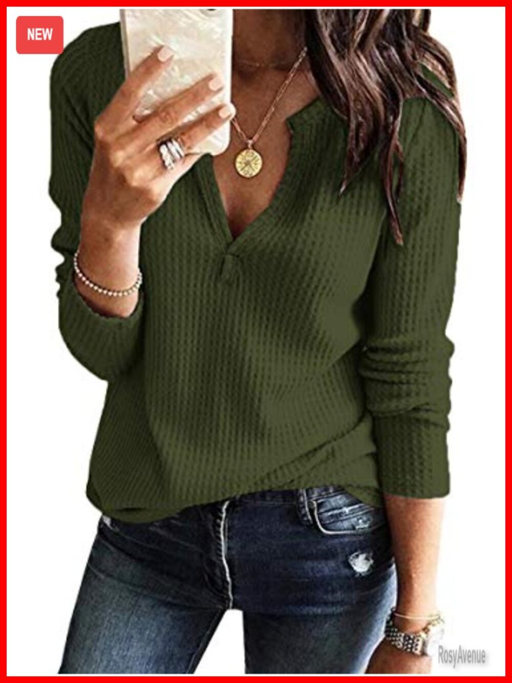 Waffle Knit V Neck Long Sleeve Pullover Top